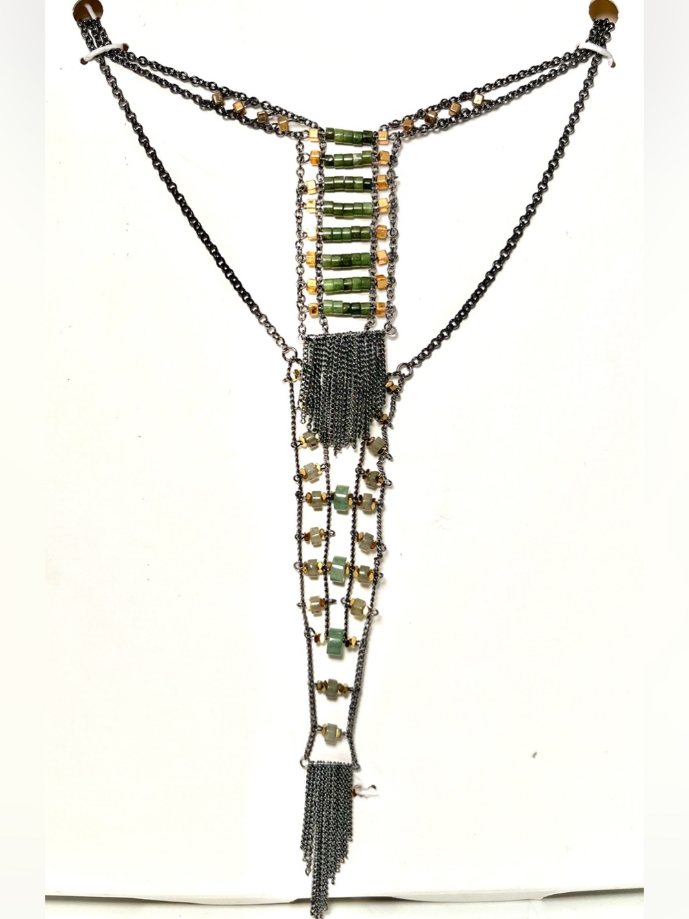 Zara Beaded Choker Necklace With Delicate Chains Pack of Two Green Stone NWT